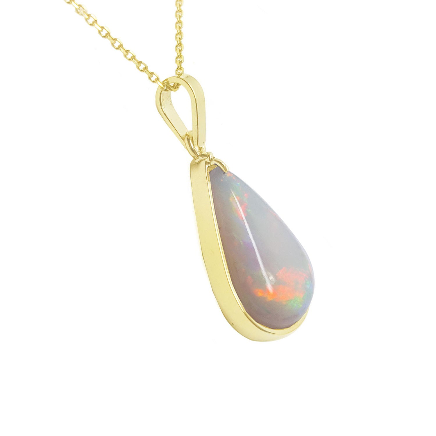 Teardrop-shaped opal pendant on a gold chain displaying its right-side profile, top and gallery view.