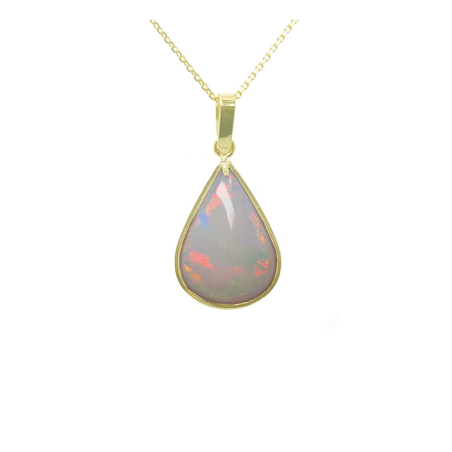 A solid Australian opal pear shaped pendant necklace on a gold chain showing the topside profile view.