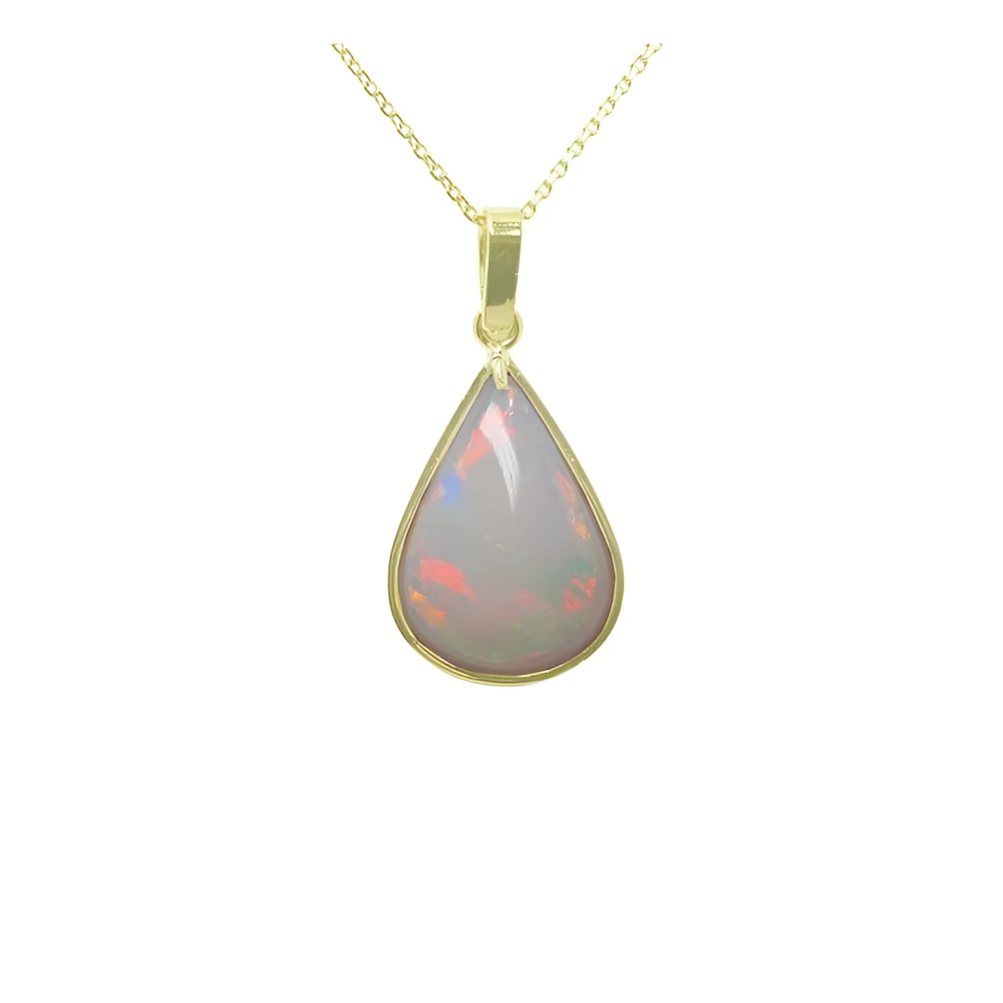 Pear-shaped Australian opal pendant with red-orange flashes in a 14k solid yellow gold setting.