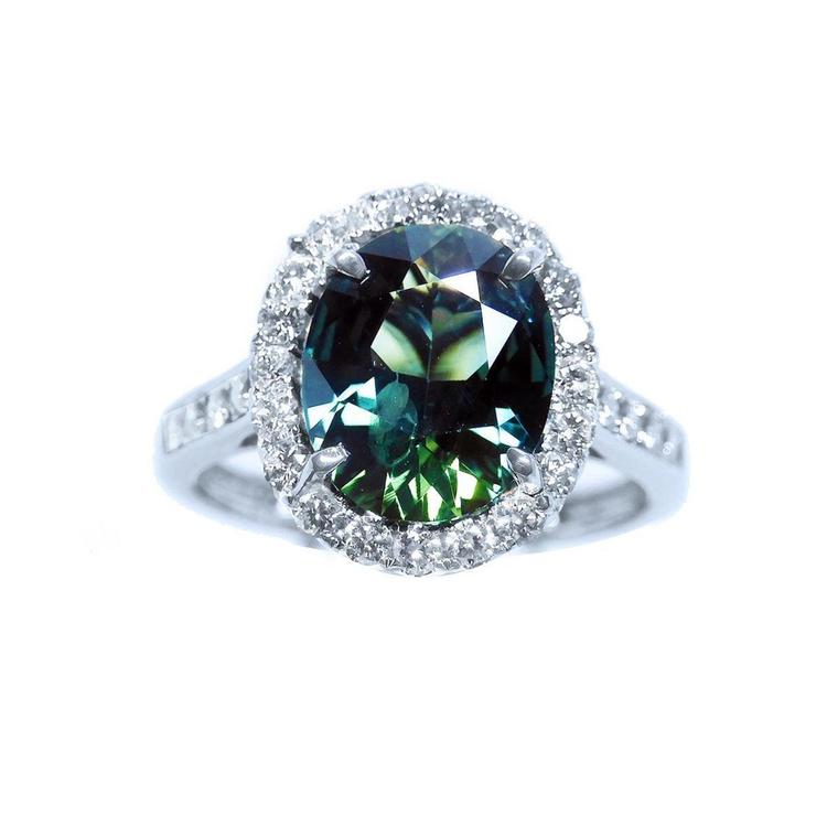 Australian sapphire ring for women halo diamond 18K white gold, full top view front side