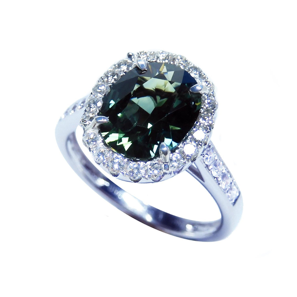 2.82 ct. Australian Teal Sapphire Ring for Women Halo Natural Diamonds 18K White Gold