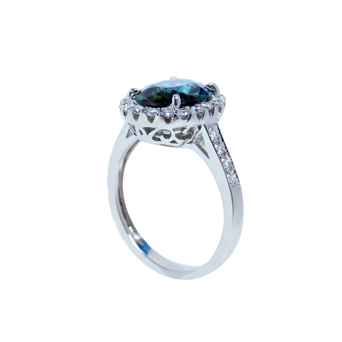 2.82 ct. Natural Australian Teal Sapphire Ring for Women Halo Natural Diamonds 18K White Gold