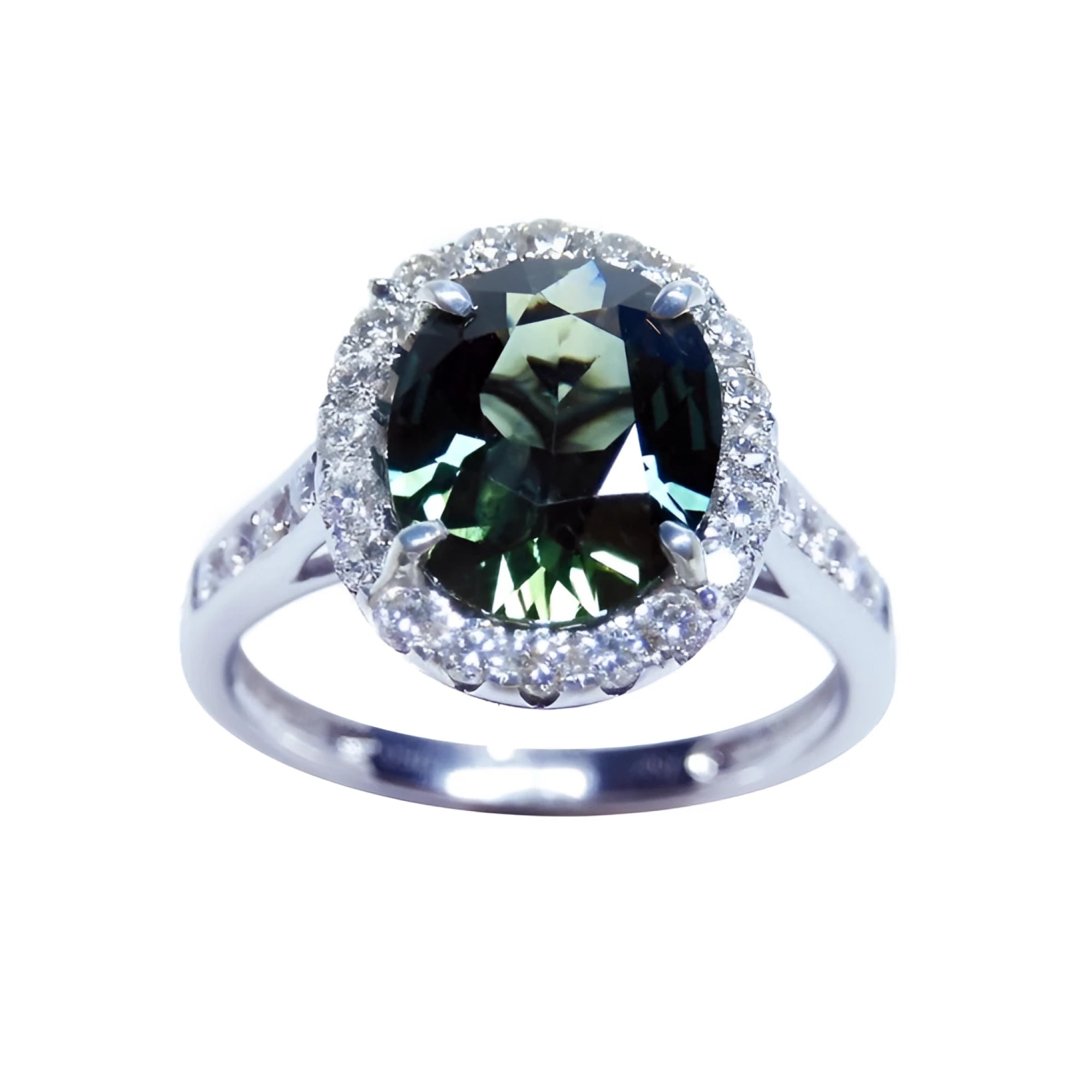 Oval bluish-green Australian sapphire ring with diamond halo and band in 18K white gold.