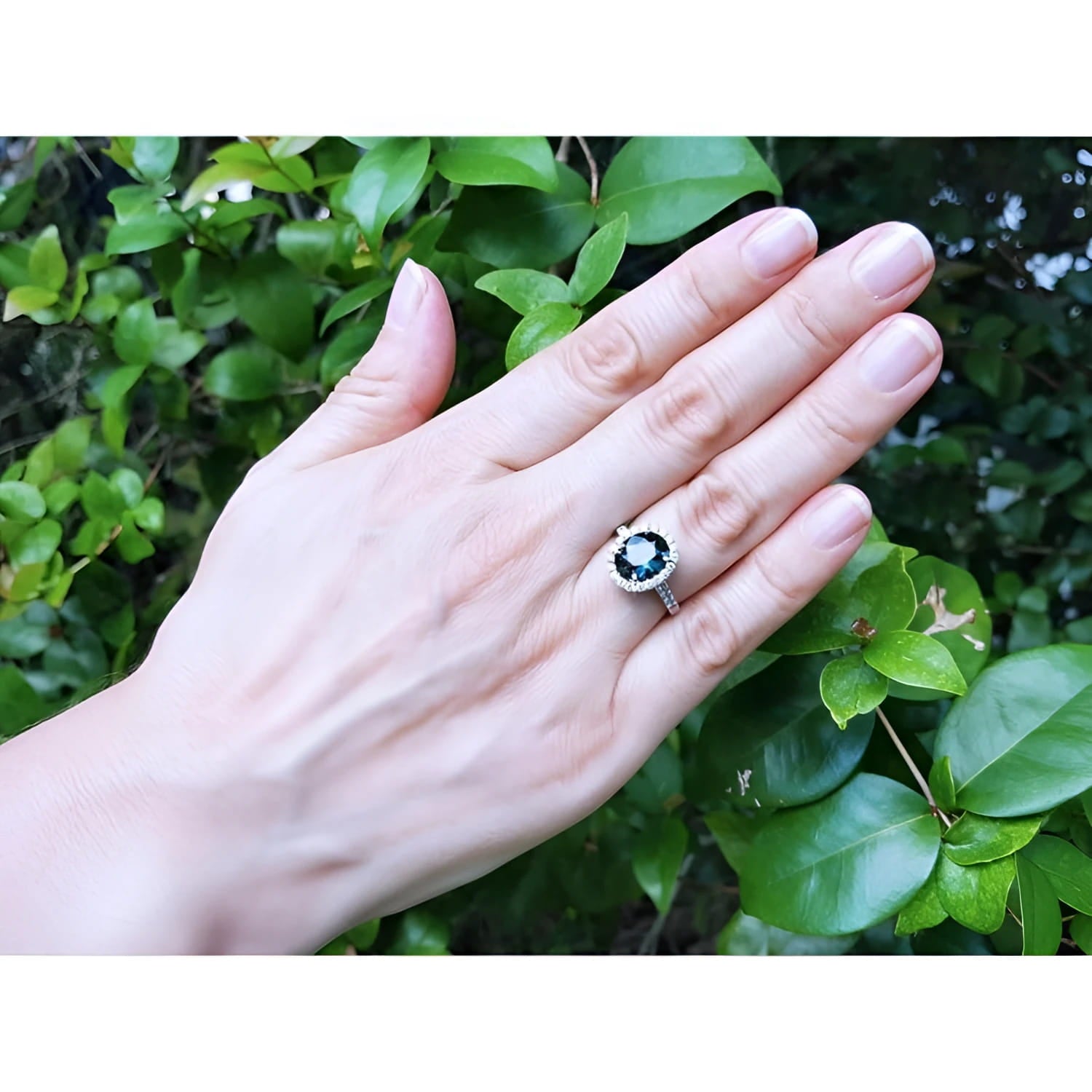 Oval bluish-green Australian sapphire ring with diamond halo, set in 18K white gold on a woman's hand.