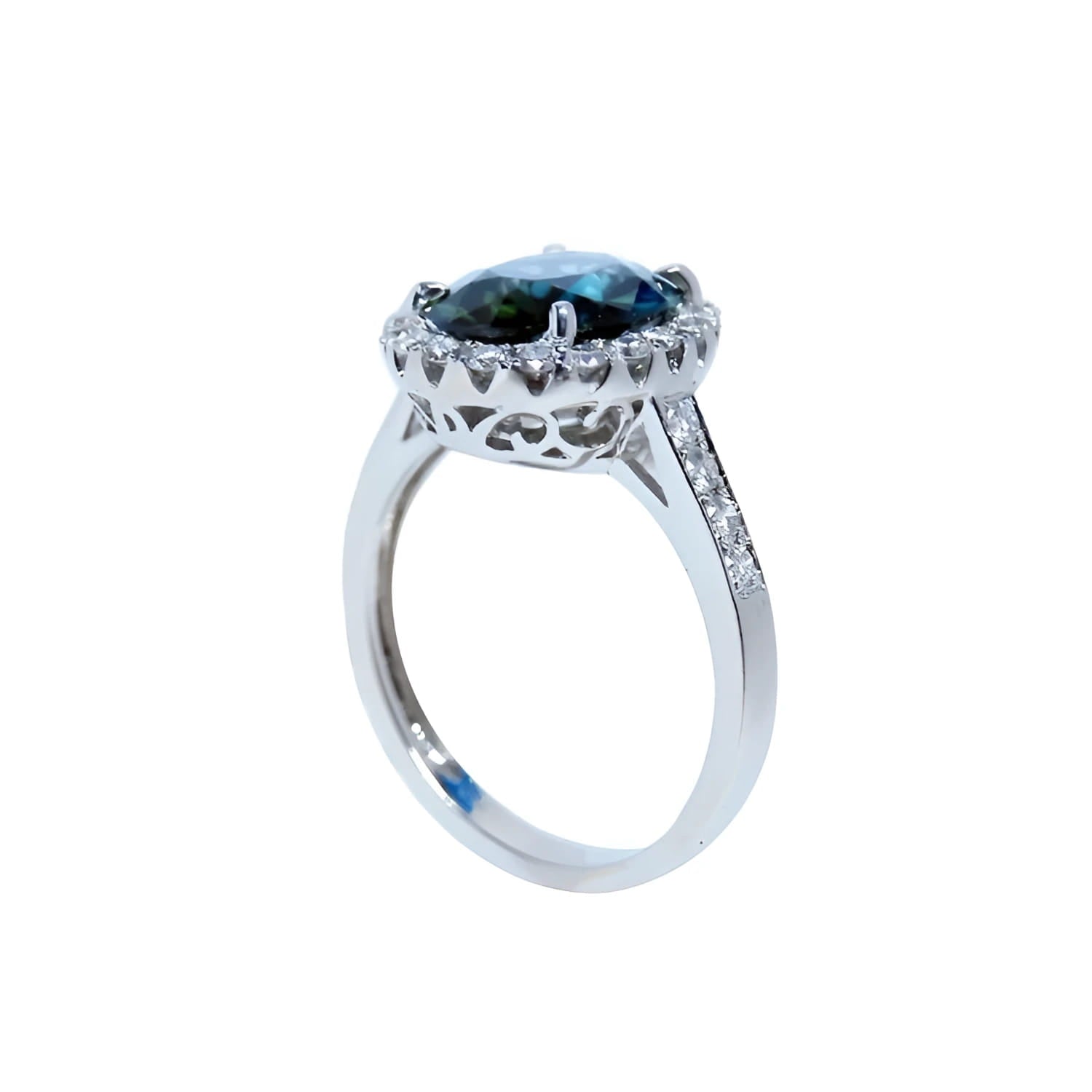 18K white gold ring with a large oval bluish-green Australian sapphire surrounded by a diamond halo.