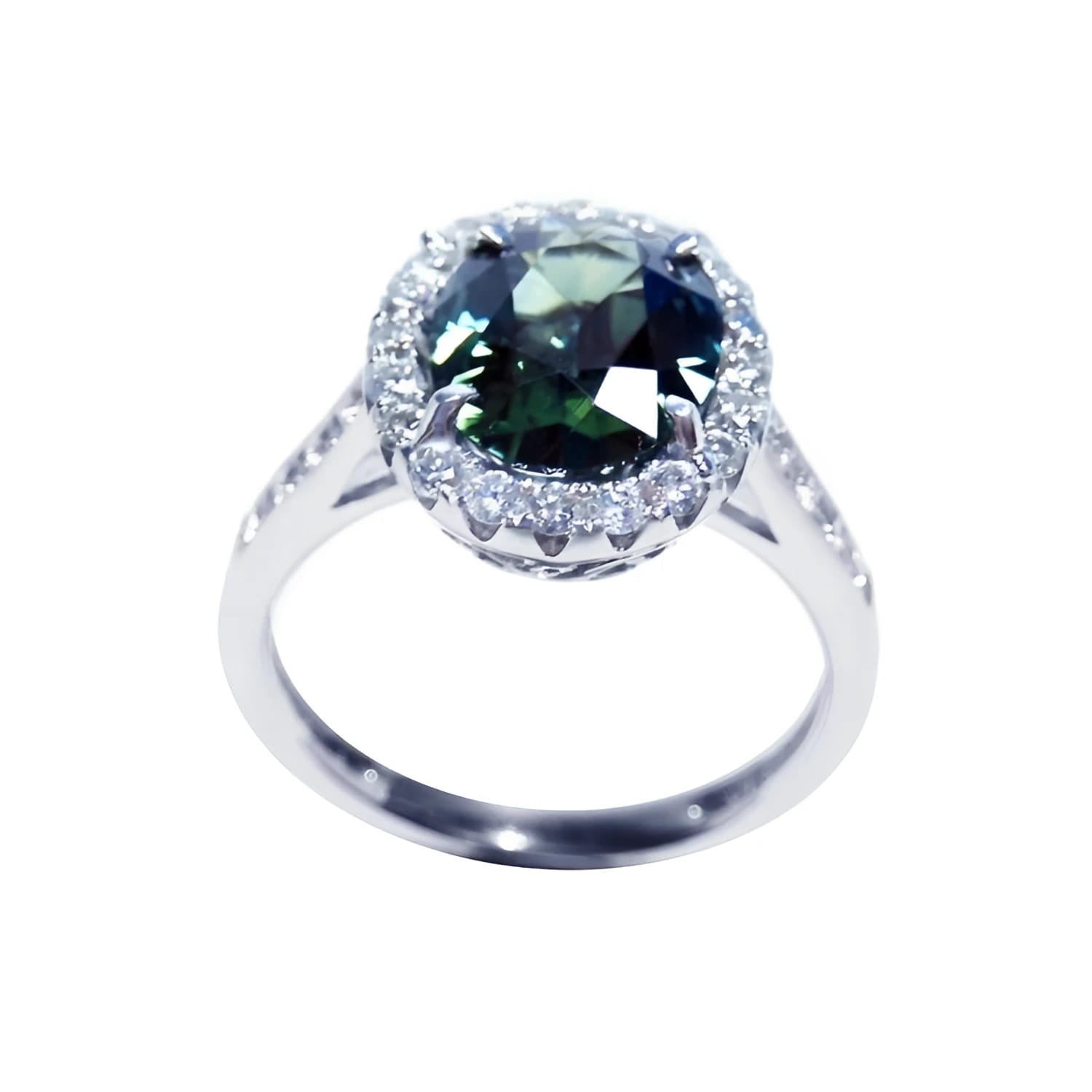 Oval bluish-green Australian sapphire ring with diamond halo, set in 18K white gold.