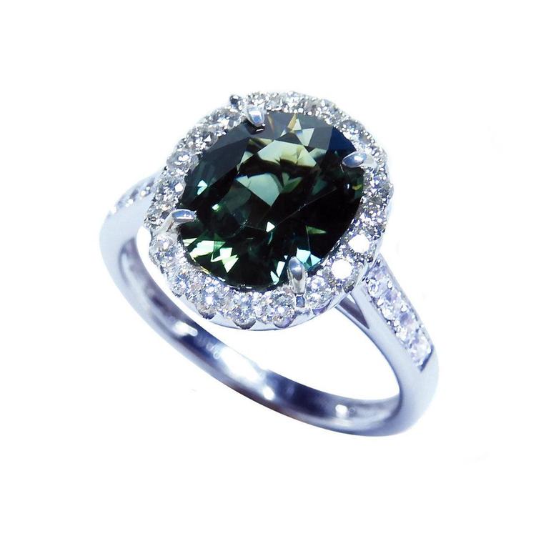 Australian sapphire ring for women halo diamond 18K white gold, tilted side top view perspective shank