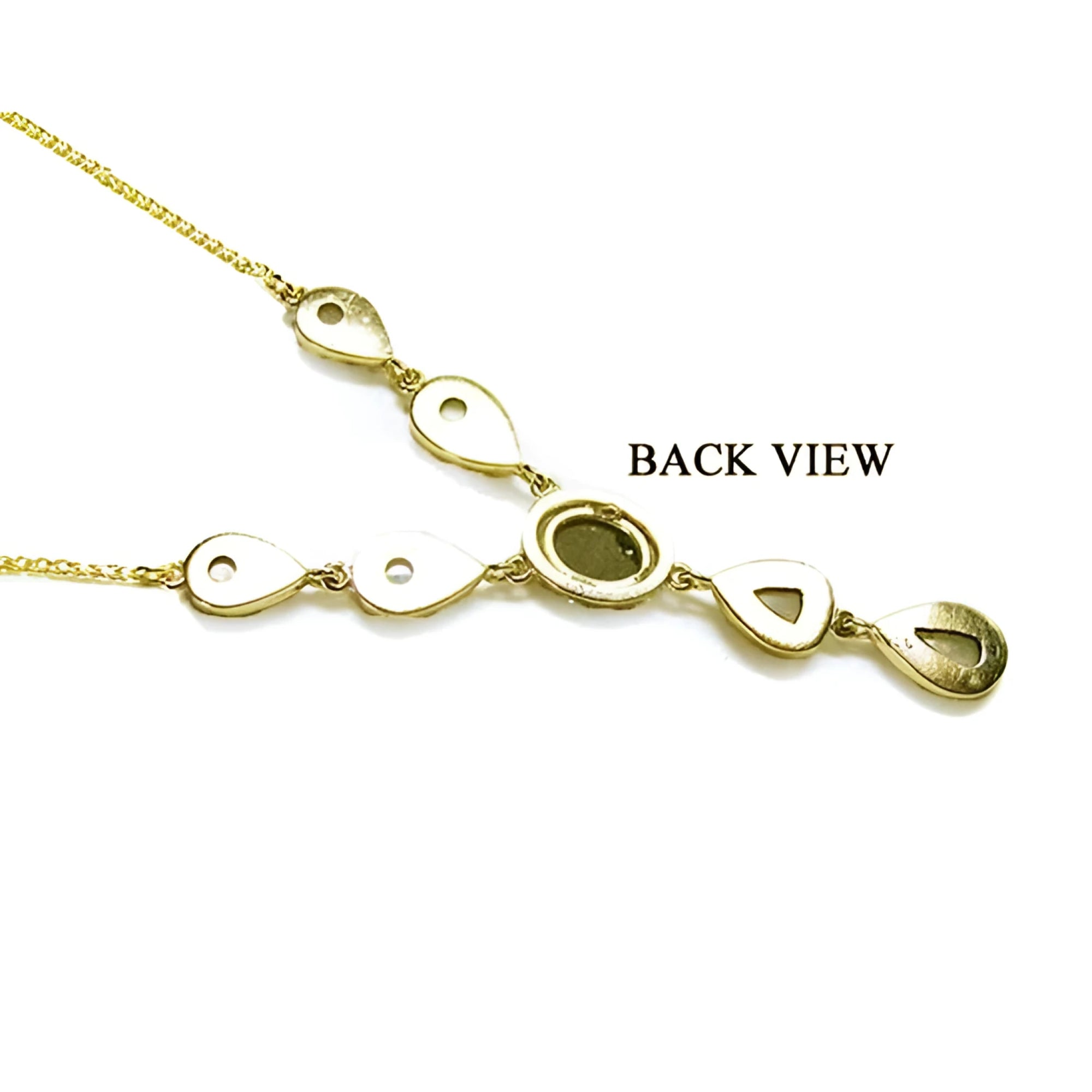 Back view of a 14k yellow gold necklace with teardrop links and an oval setting.