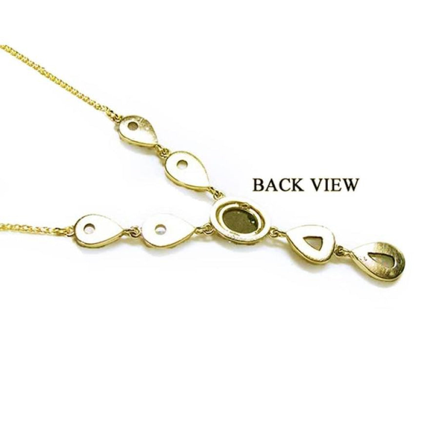 Back view of a 14k yellow gold necklace with teardrop links and an oval setting.
