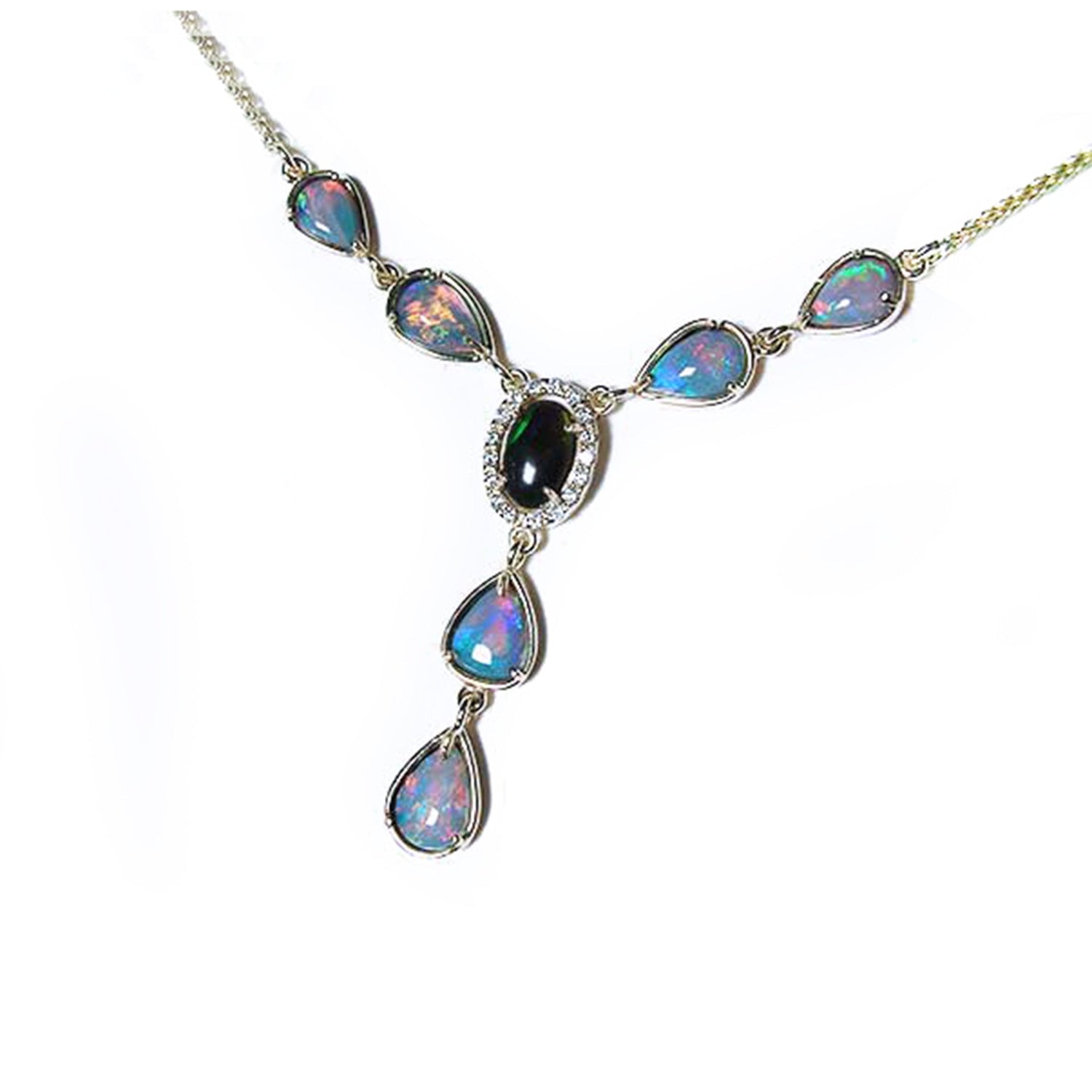 Opal necklace with a central black gemstone on a white background