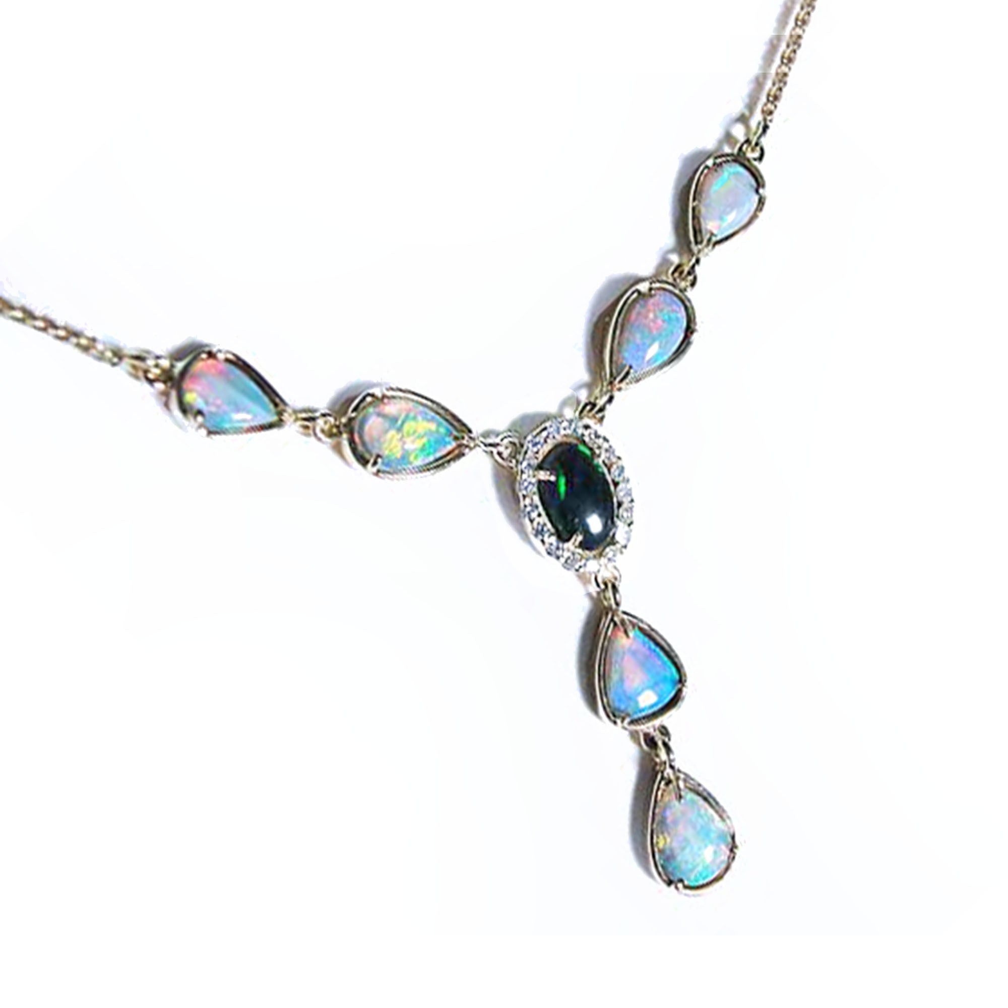 Necklace with opal stones on a white background
