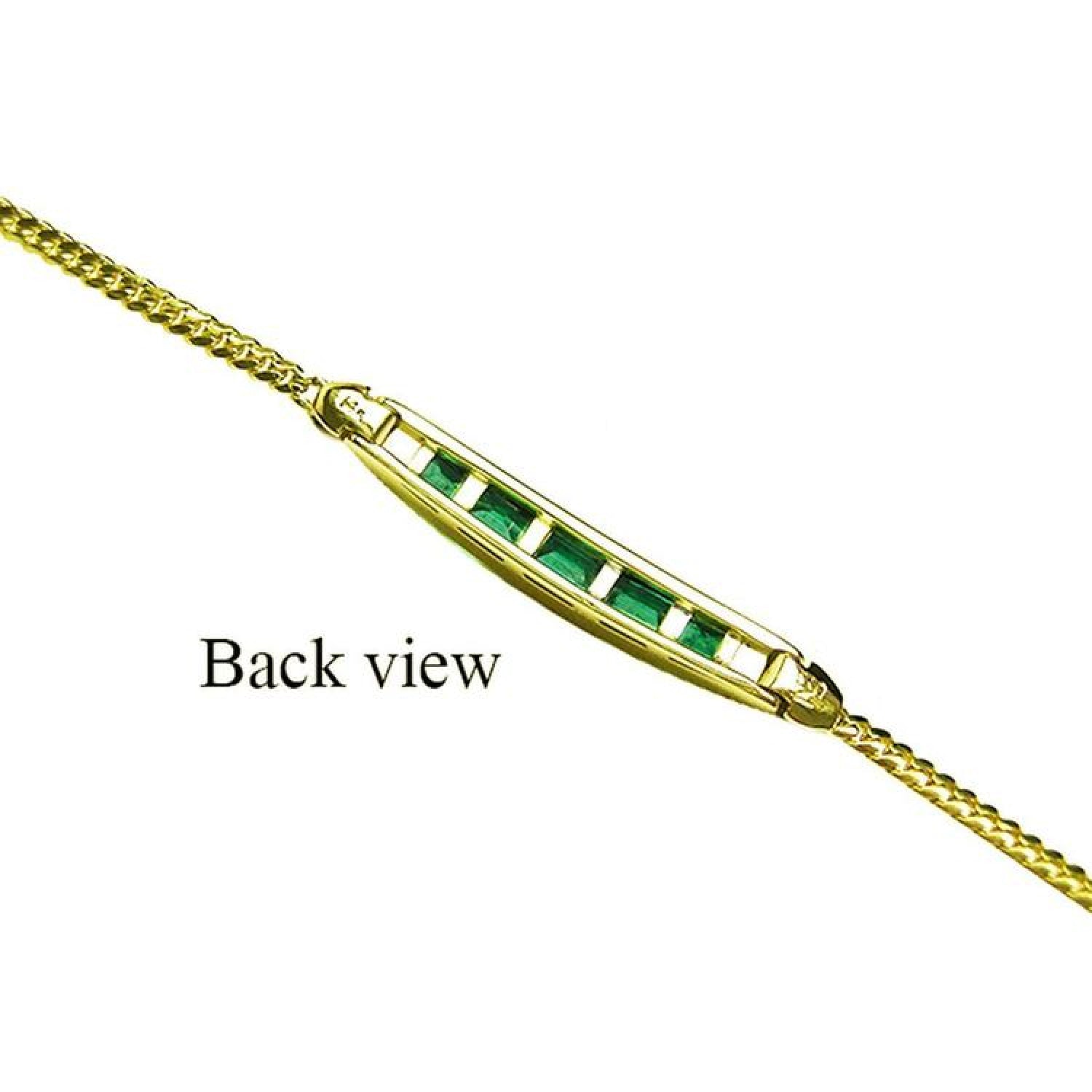 Back view of a 14K yellow gold bracelet with five emerald-cut Colombian emeralds.