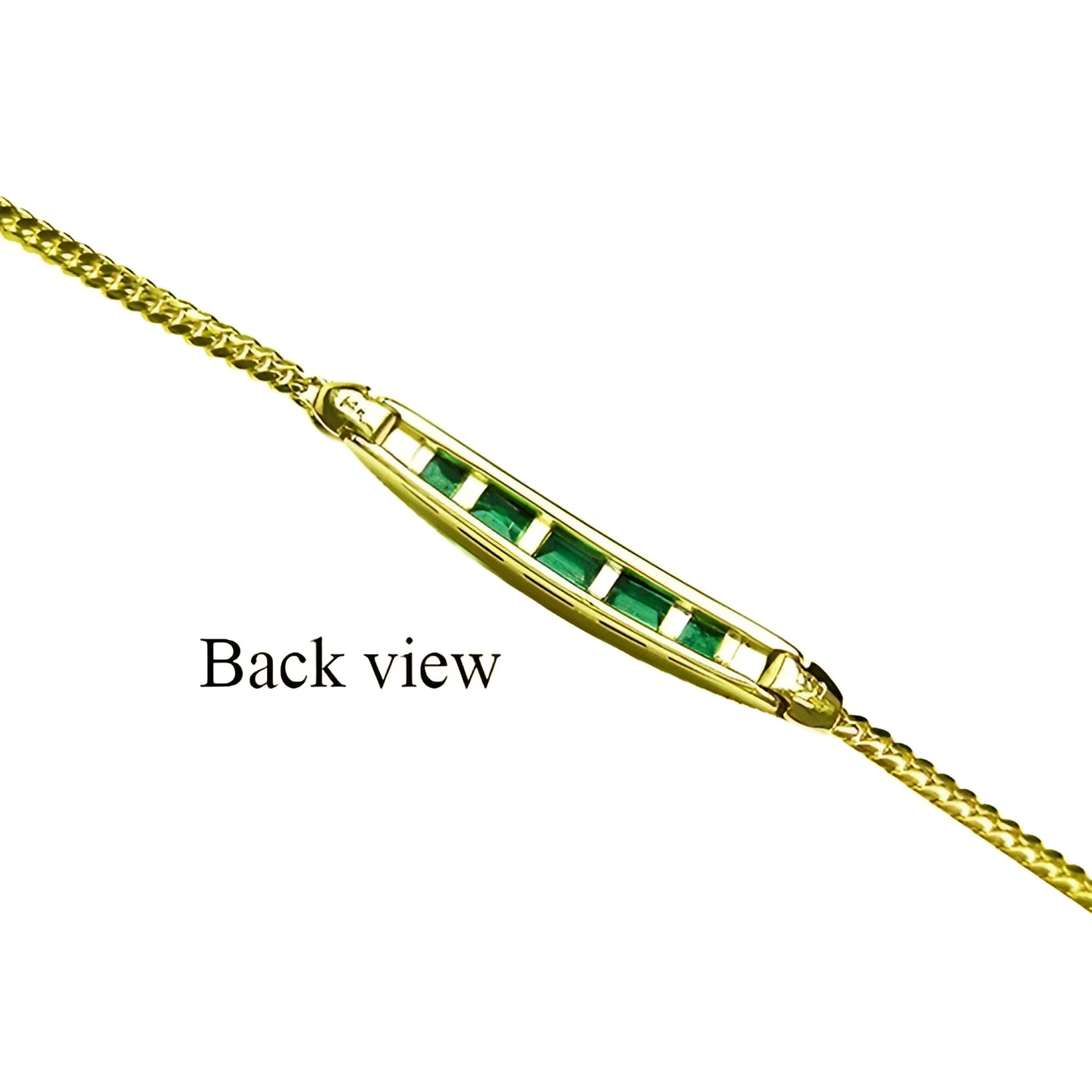 Back view of a 14K yellow gold bracelet with five emerald-cut Colombian emeralds.
