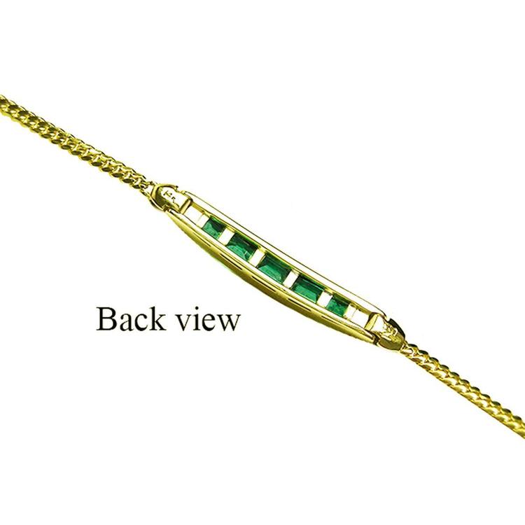 Back view of a 14K yellow gold bracelet with five emerald-cut Colombian emeralds.