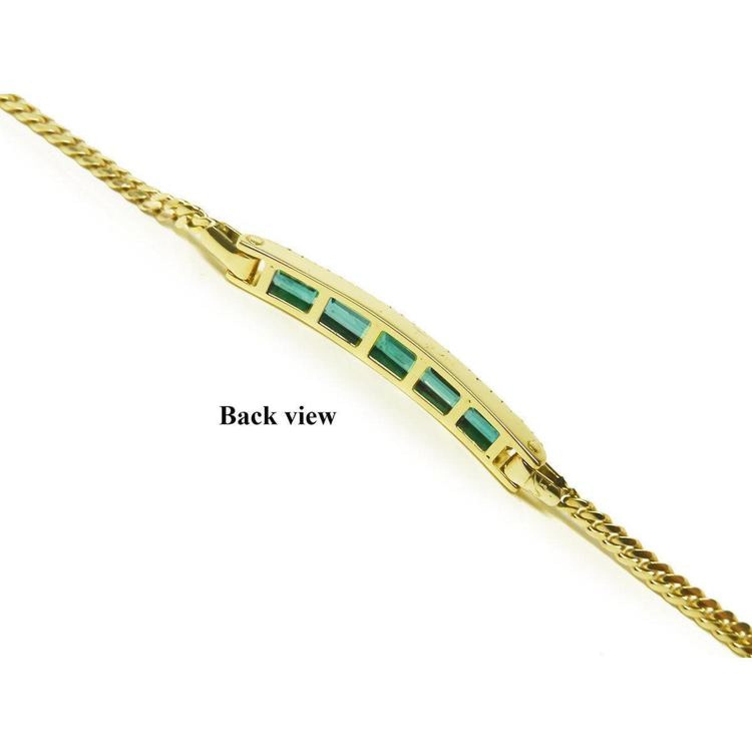 Back view of a 14K yellow gold bracelet with rectangular bluish-green emeralds.