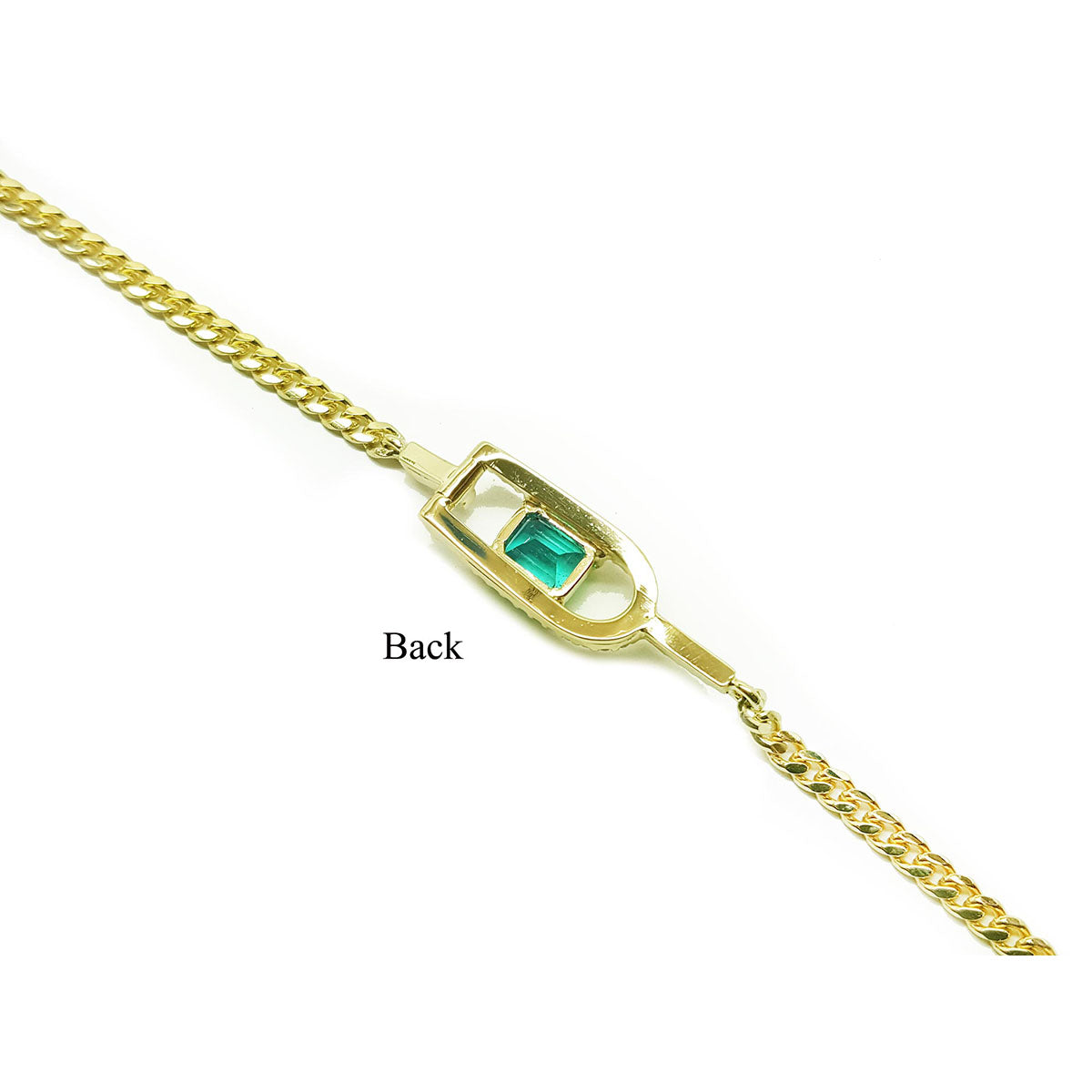 A yellow gold emerald bracelet displaying the backside view.