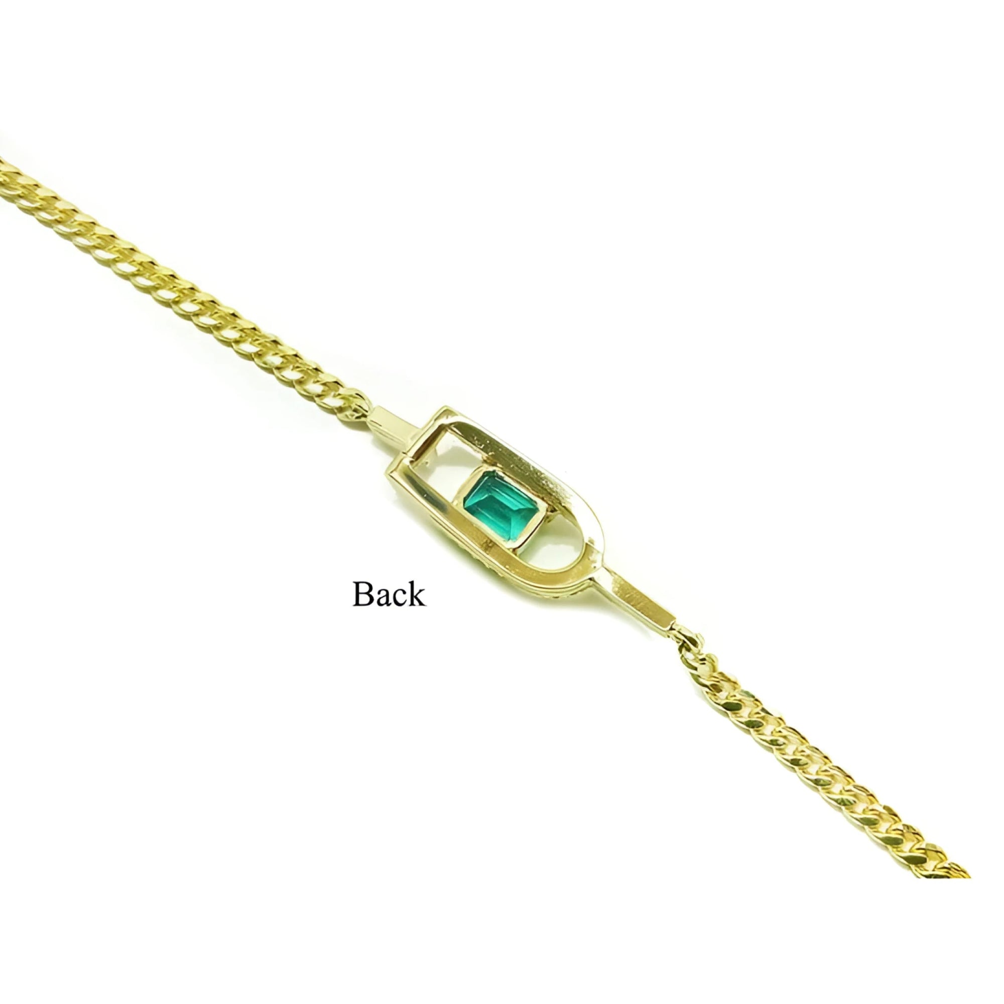 14K yellow gold bracelet with a square emerald-cut Colombian emerald.