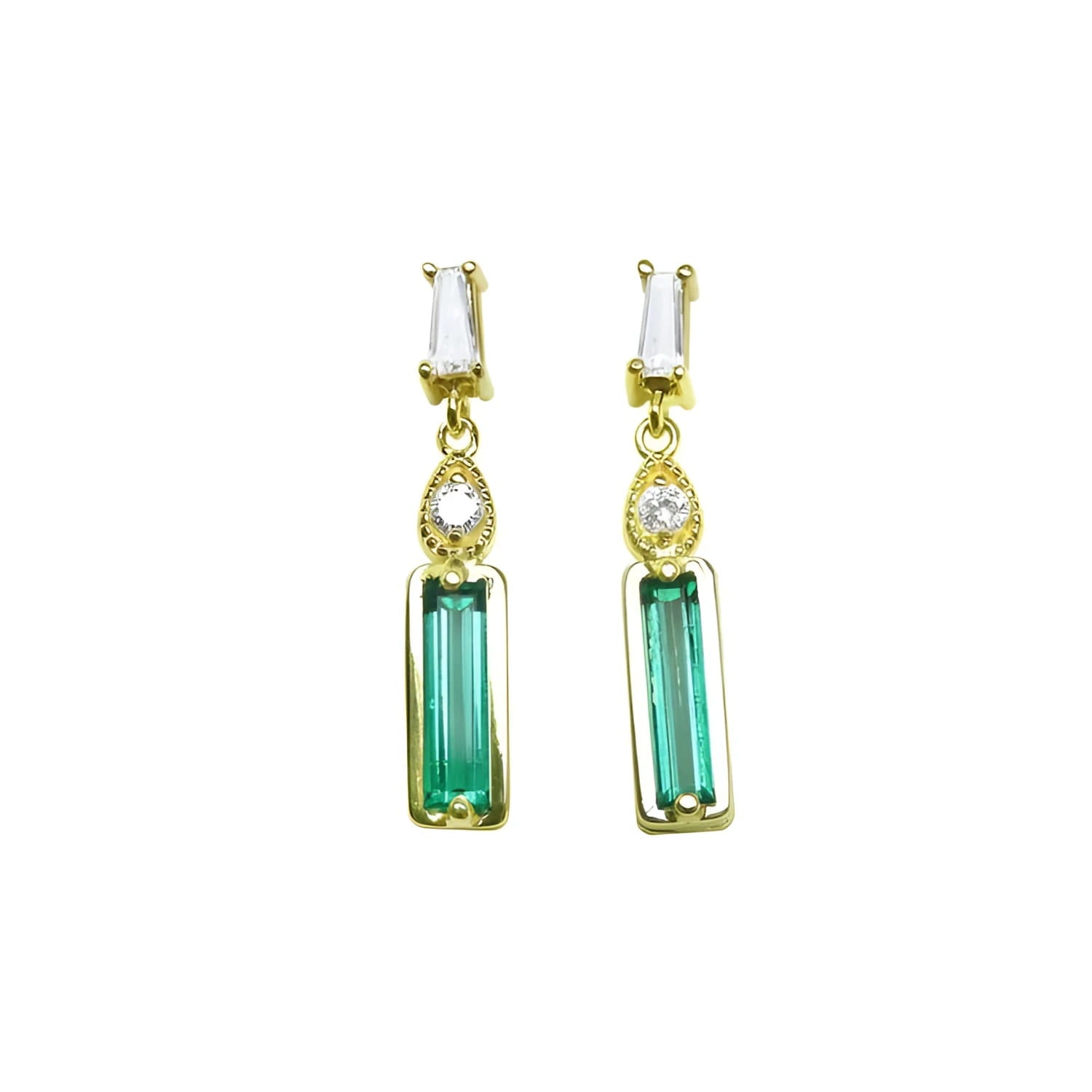 14K gold stud earrings with baguette emeralds, pear-shaped diamonds, and tapered baguette diamonds.