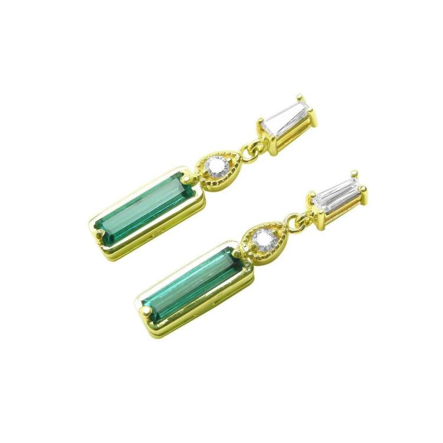 14K gold stud earrings with baguette-cut emeralds, pear-shaped extensions, and tapered baguette diamonds.