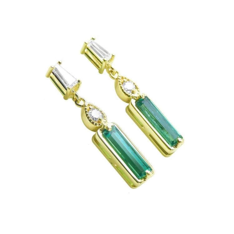 14K yellow gold natural colombian emerald and diamond baguette cut earrings.