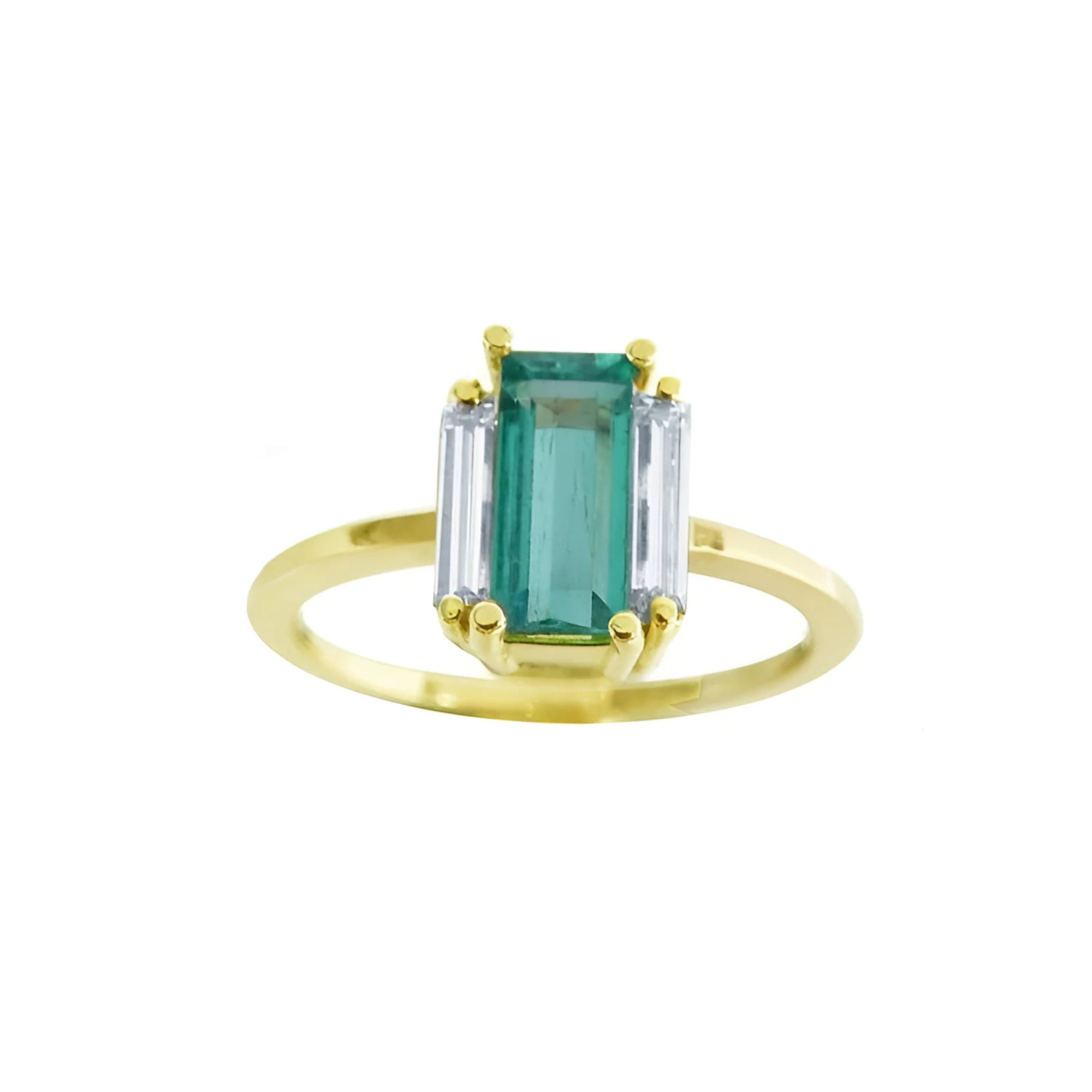 A baguette cut natural colombian emerald and diamond side ring for women in 18k yellow gold.