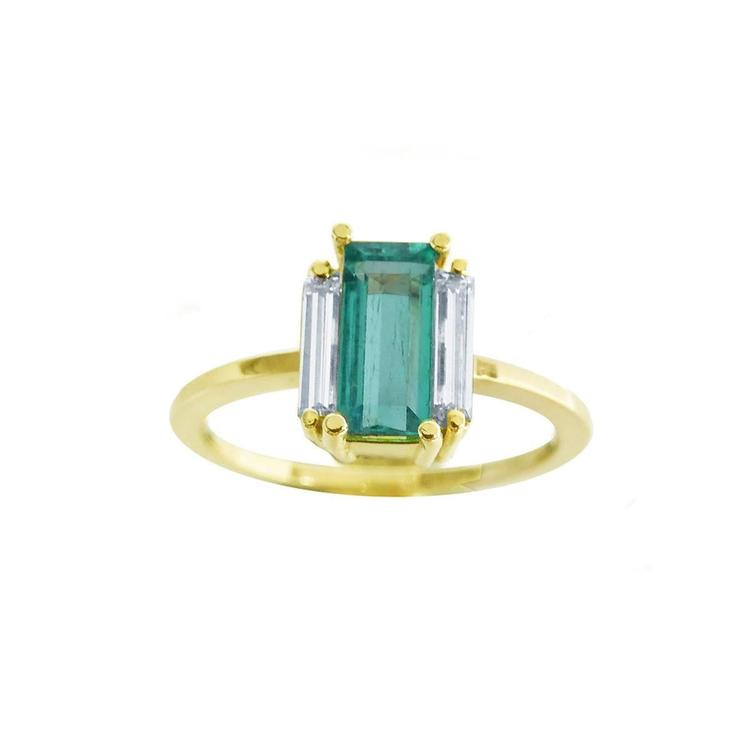 A baguette cut natural colombian emerald and diamond side ring for women in 18k yellow gold.