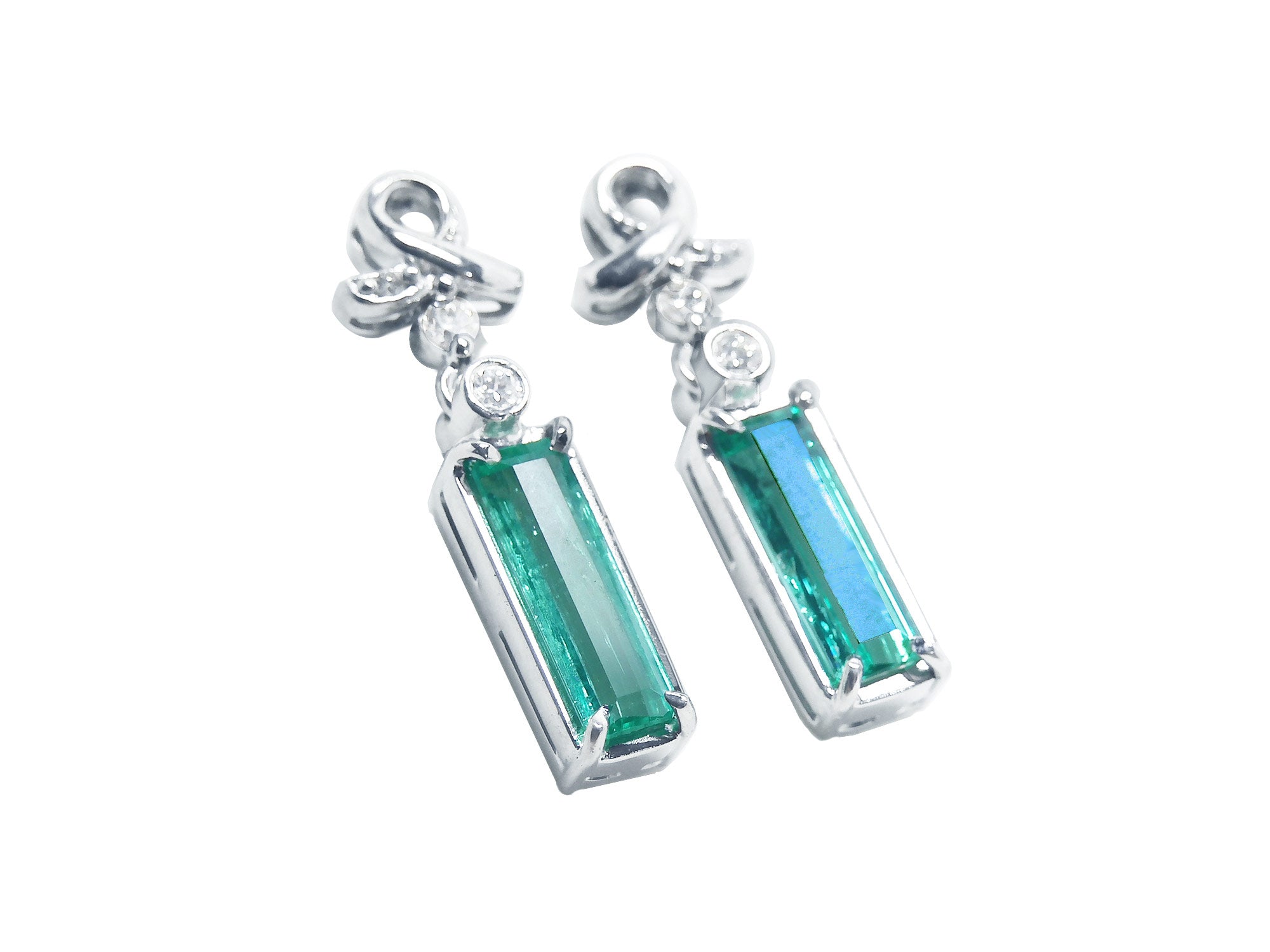 Pair of baguette cut emerald earrings right position underside view