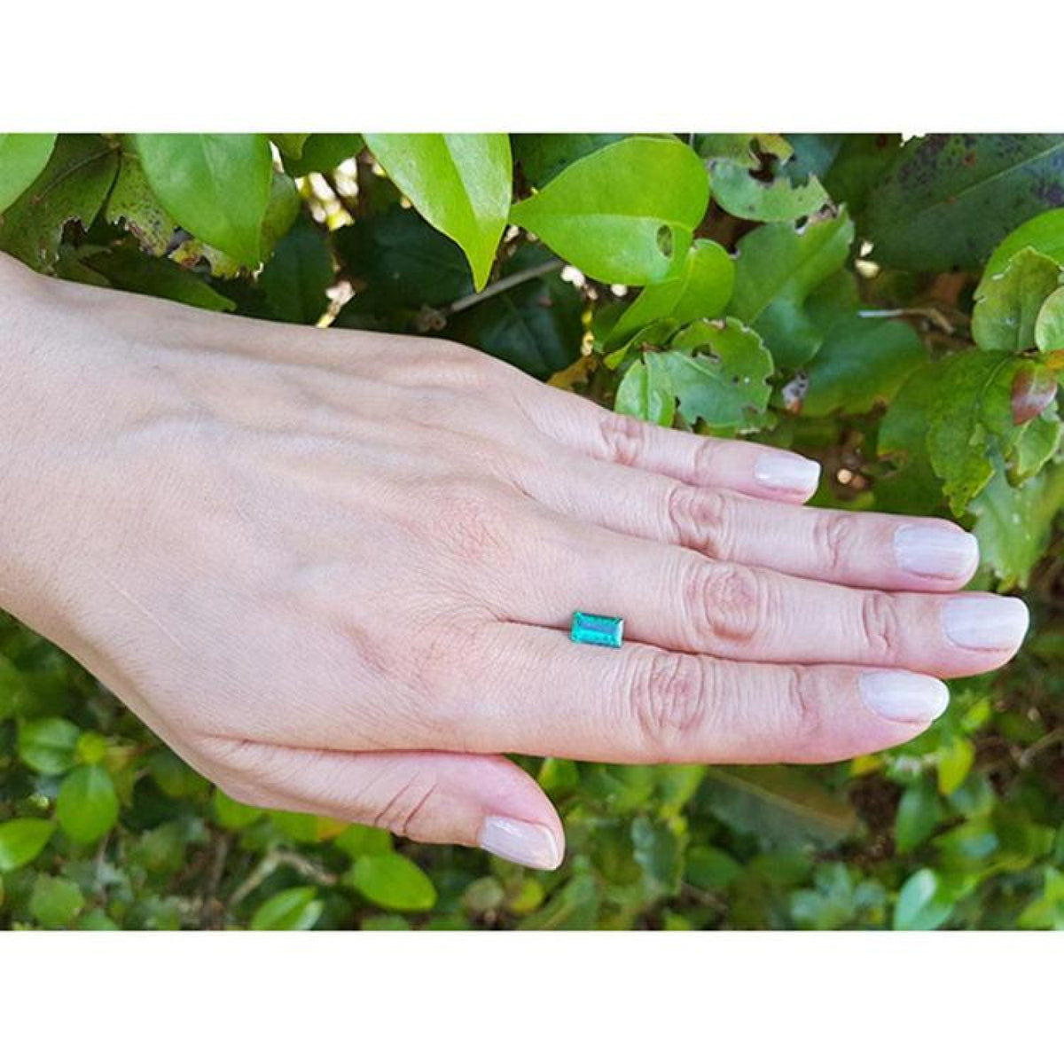 1.10 ct. baguette cut loose Colombian emerald, vibrant green, held on a hand against green foliage.
