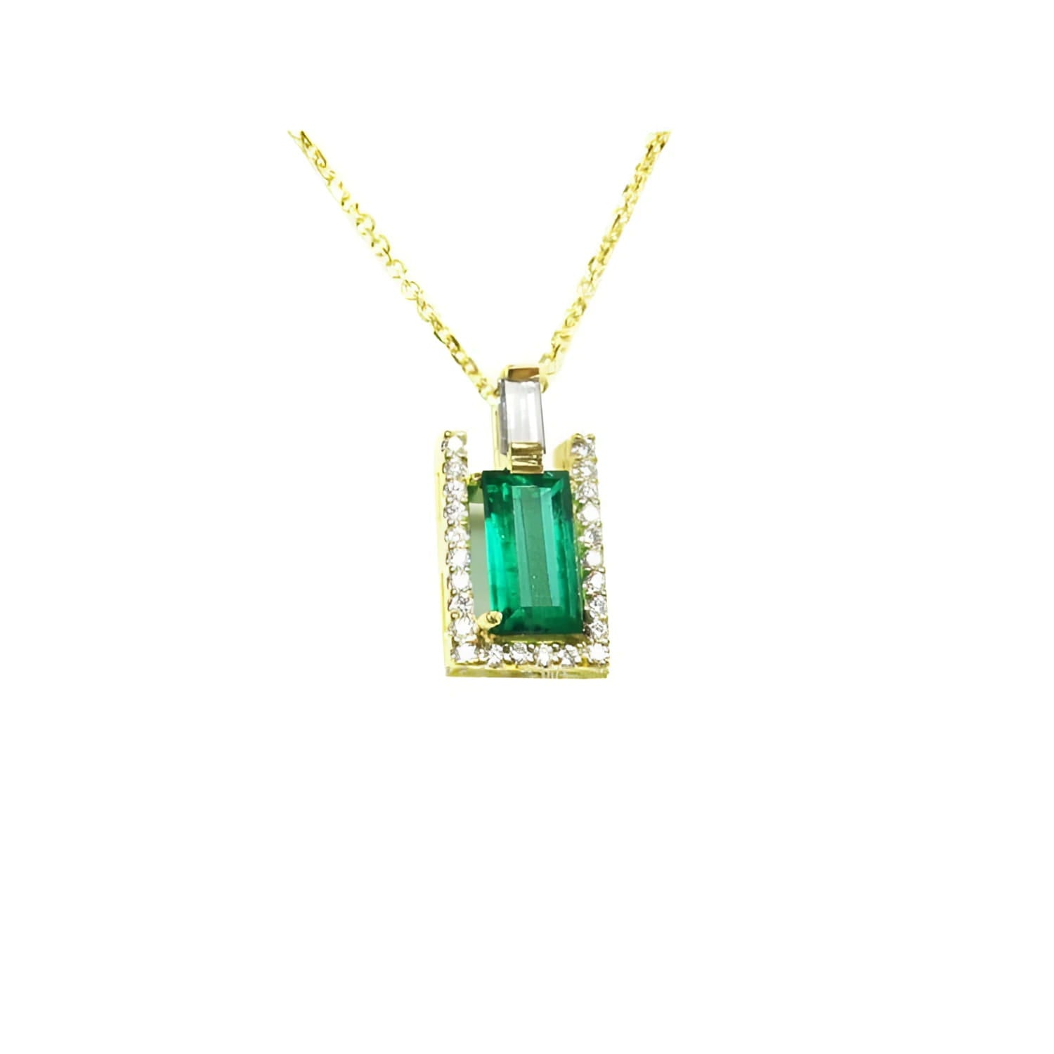 1.14 ct baguette emerald pendant necklace with natural diamonds in 14K yellow gold.