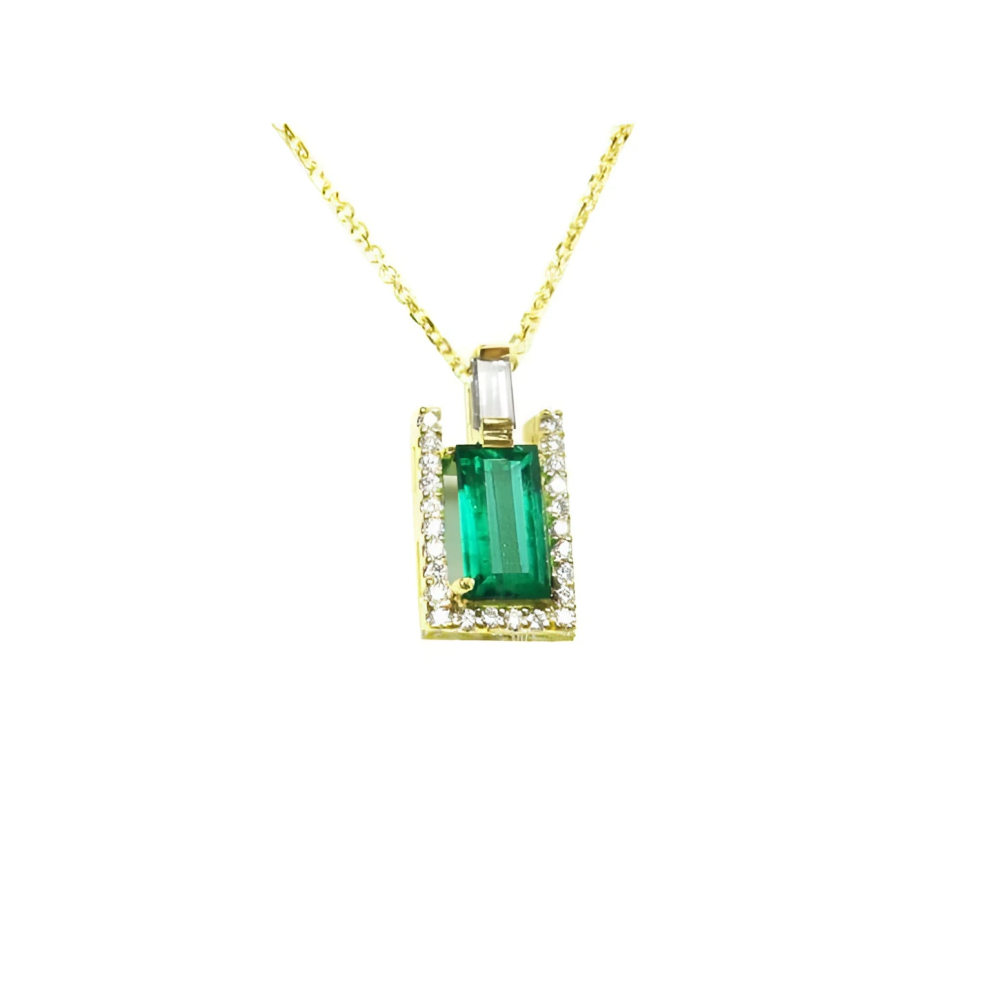 1.14 ct baguette emerald pendant necklace with natural diamonds in 14K yellow gold.