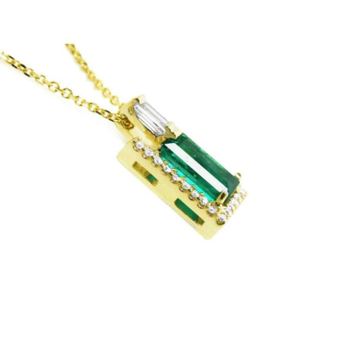 14K yellow gold baguette emerald pendant necklace with natural diamonds.