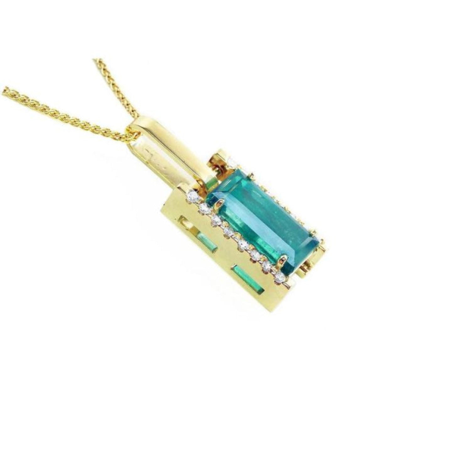 5.15 ct. baguette-cut Colombian emerald pendant in 18K yellow gold with diamond accents.