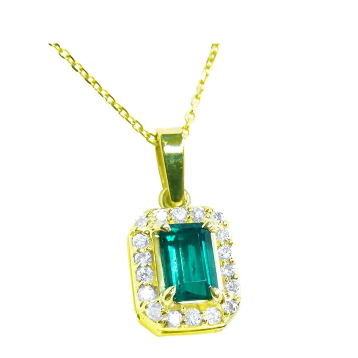 Shop natural colombian emerald and diamond pendant in solid gold.
