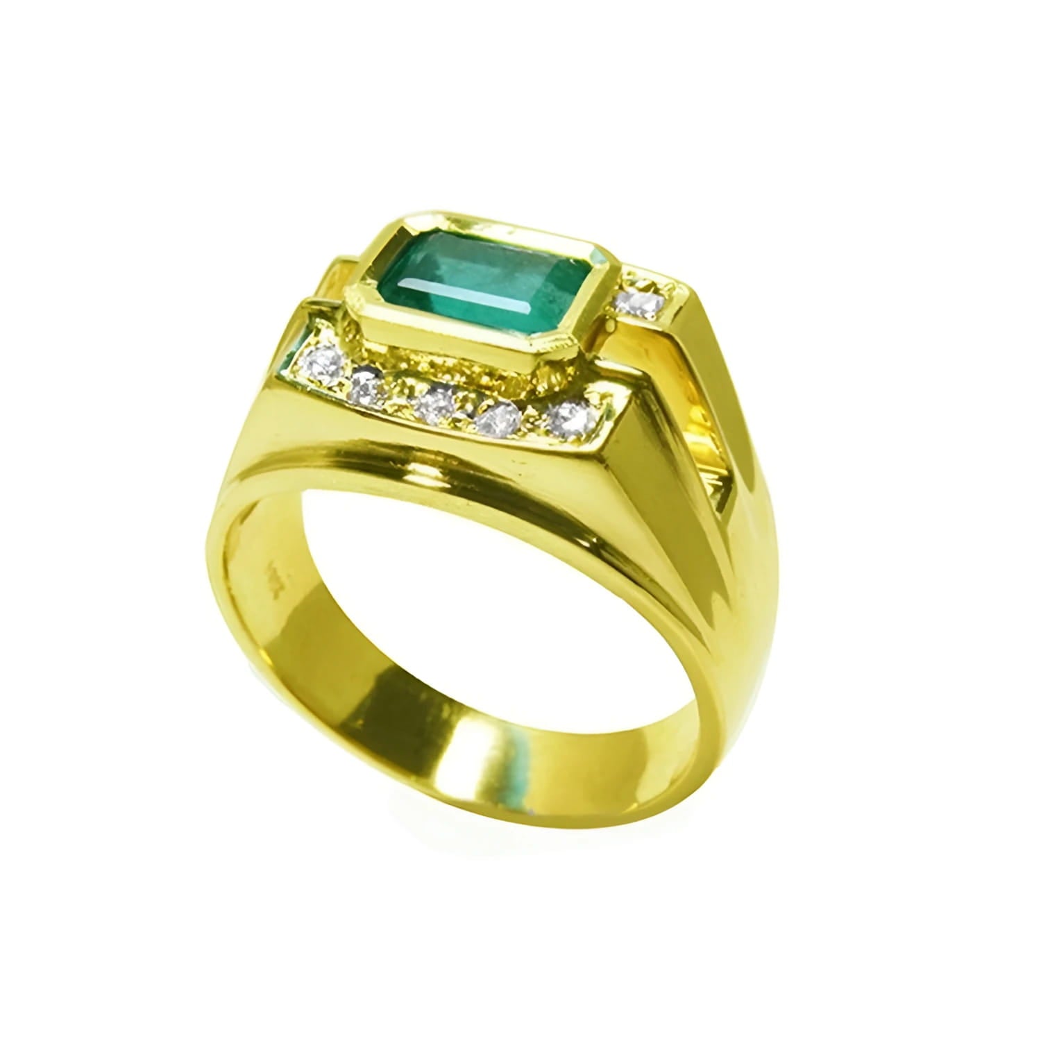 14K yellow gold men's ring with a 1.21 ct. emerald in an east-west bezel setting and diamond accents.