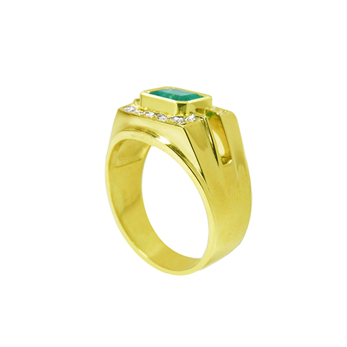 The half side position of this mens emerald ring shows top and side perspectives.