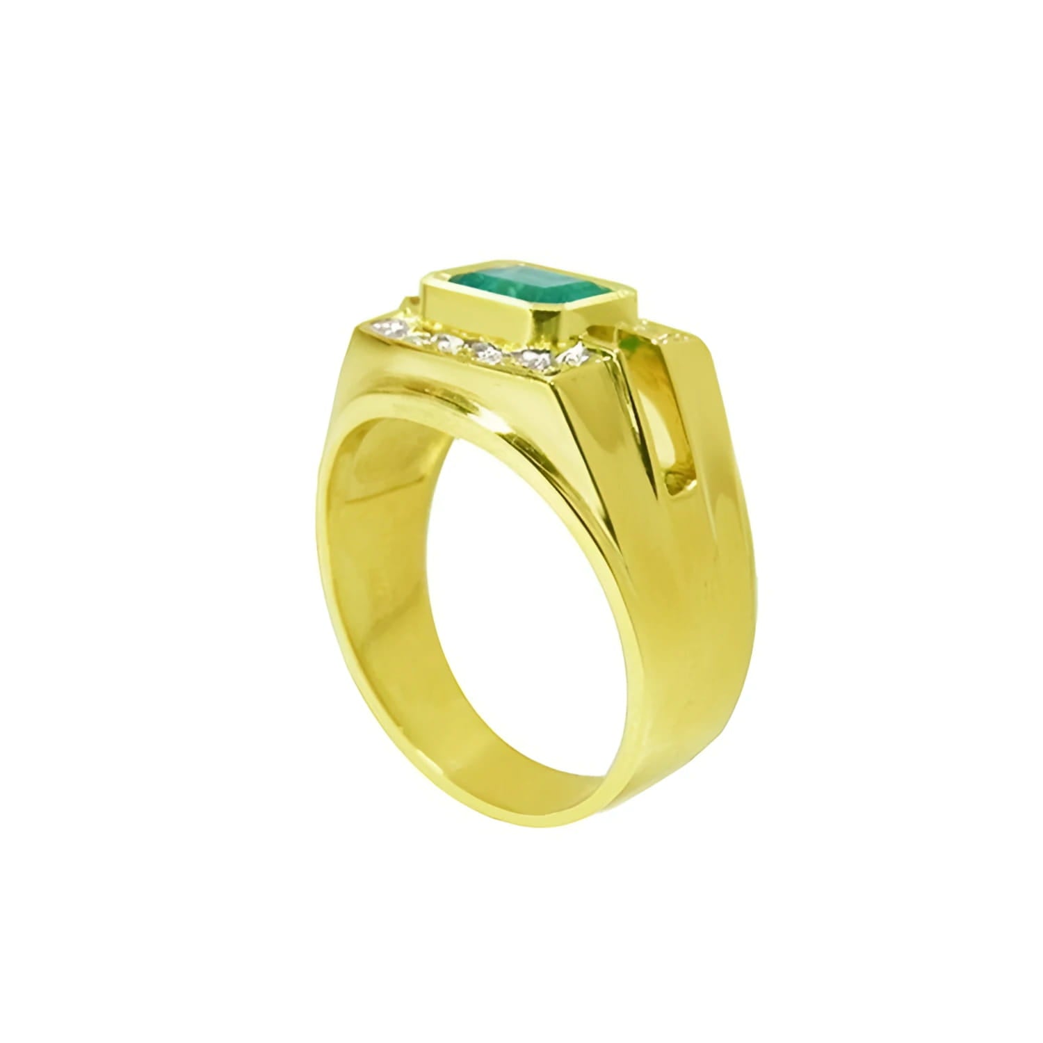 14K yellow gold men's ring with a 1.21 ct. east-west emerald bezel setting and diamond accents.