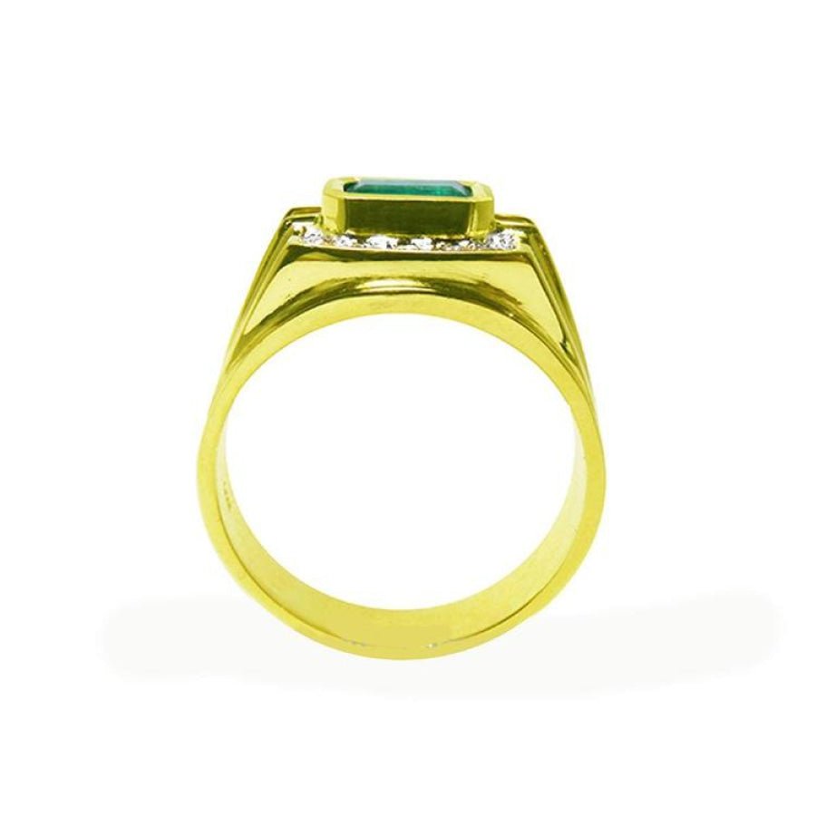 14K yellow gold men's ring with a 1.21 ct. east-west emerald bezel setting and diamond accents.