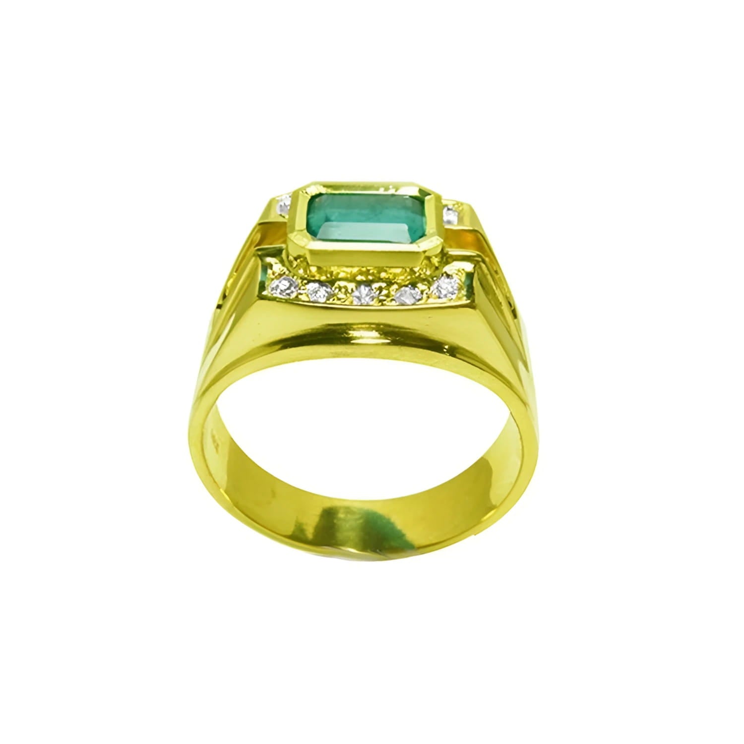 14K yellow gold men's ring with a 1.21 ct. east-west emerald bezel setting and diamond accents.