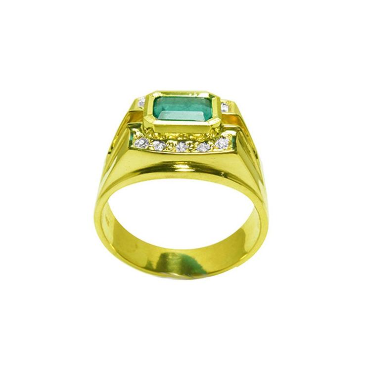 Yellow gold men's natural emerald ring east west style lateral prole view.