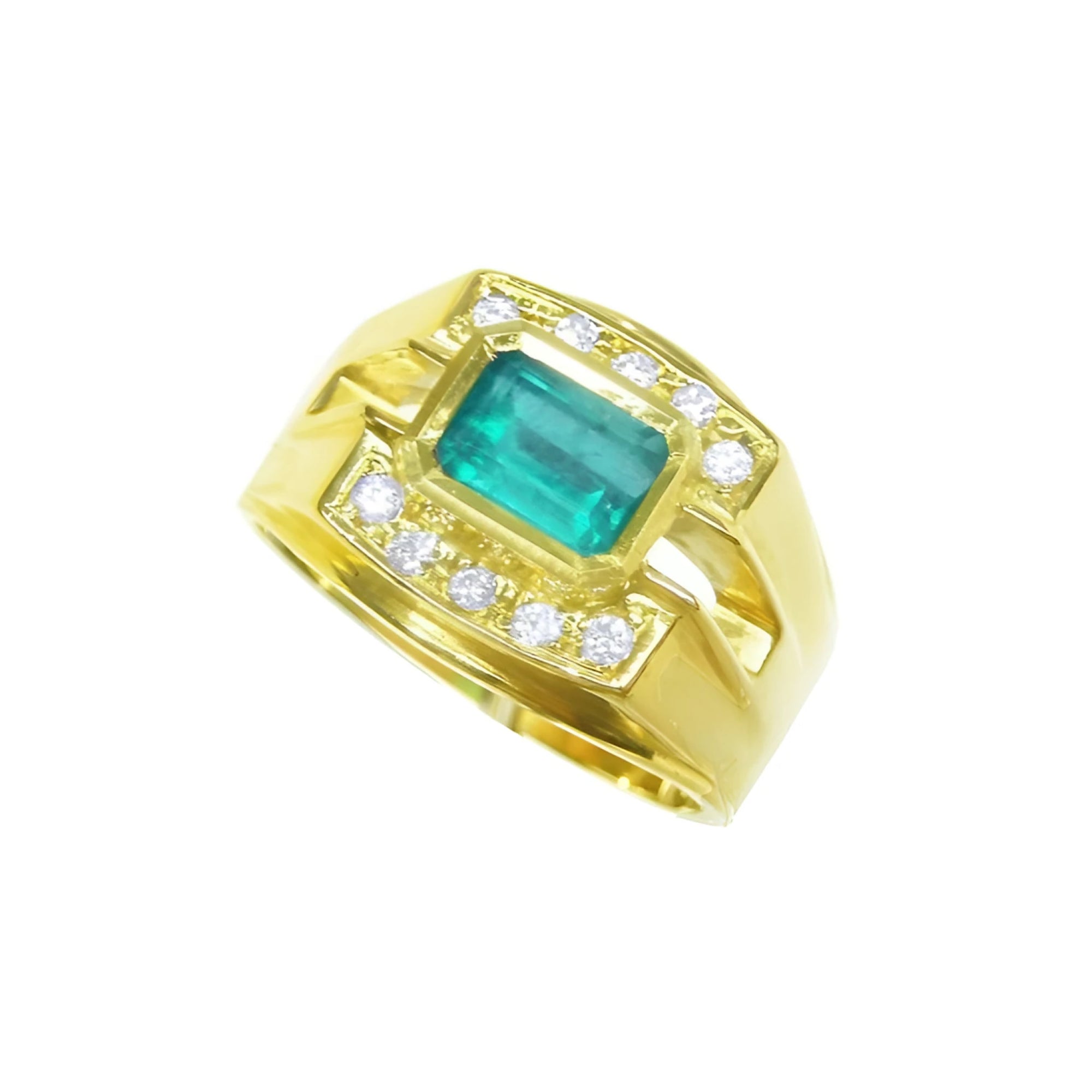 14K yellow gold men's ring with a 1.21 ct. east-west emerald bezel set, surrounded by diamond accents.