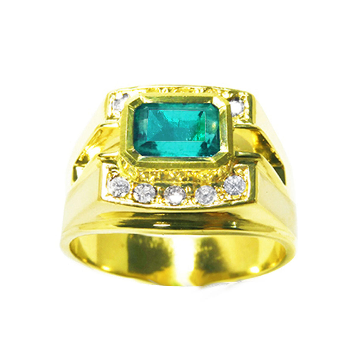 This men's emerald bezel set ring in yellow gold with accent diamonds displays its top and sides profile.