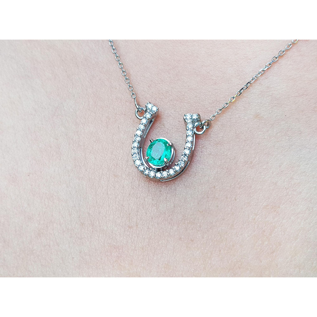 May&#39;s birthstone emerald horseshoe necklace for women in 14k white gold, a lucky piece to wear every day