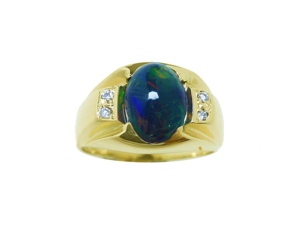 Men's opal ring in 14k gold natural oval cabochon cut low dome 2.41 carats, elegantly set in 14k solid yellow gold
