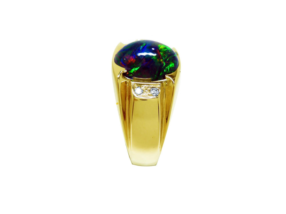Ethiopian opal men's ring for sale natural oval cabochon cut low dome 2.41 carats, elegantly set in 14k solid yellow gold