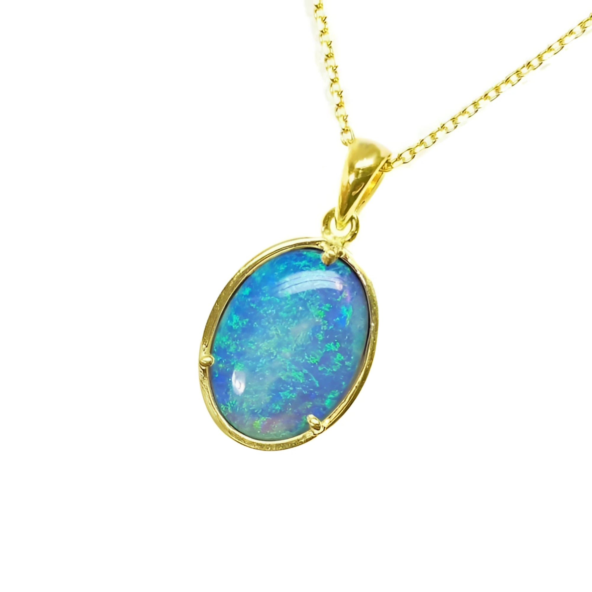 Oval 3.43 ct. Australian opal pendant with blue-green sparks in 14K yellow gold on a delicate chain.