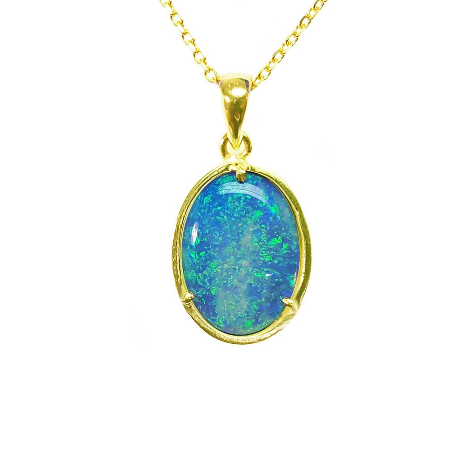 A natural blue opal pendant necklace with gold frame on a white background