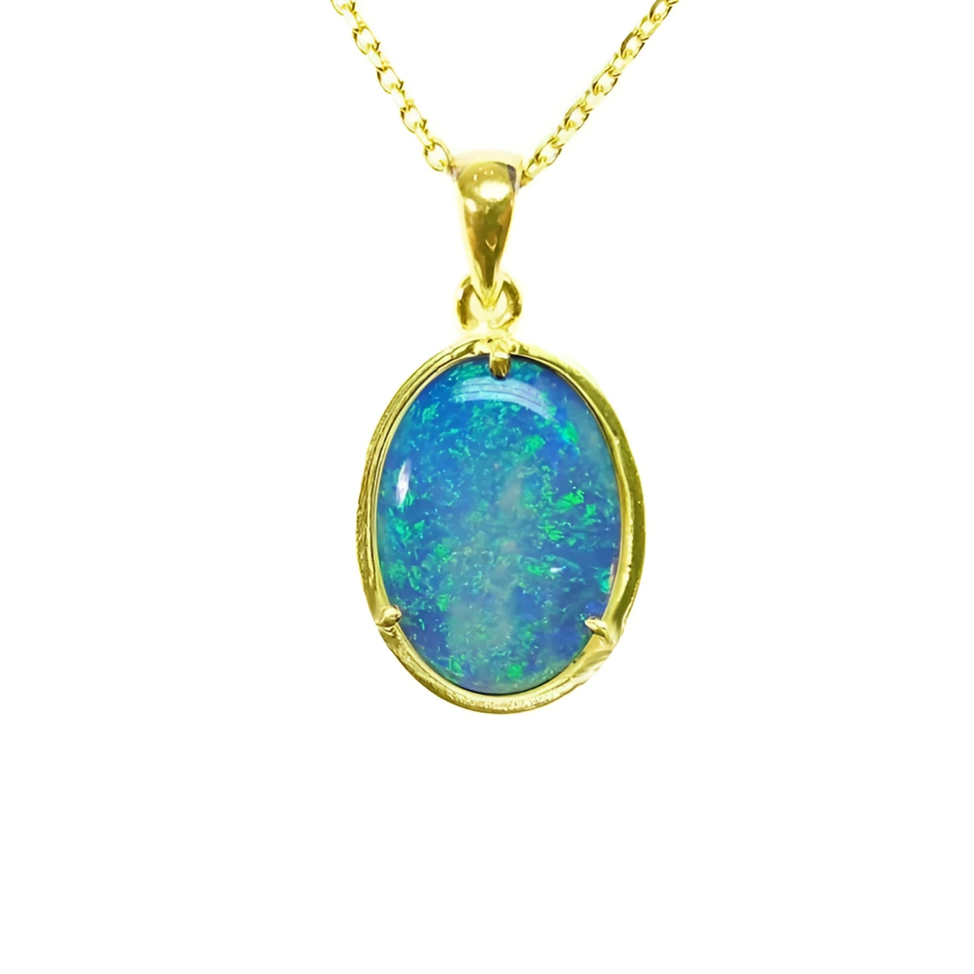Oval Australian opal pendant with blue-green flashes, set in 14K yellow gold on a delicate chain.