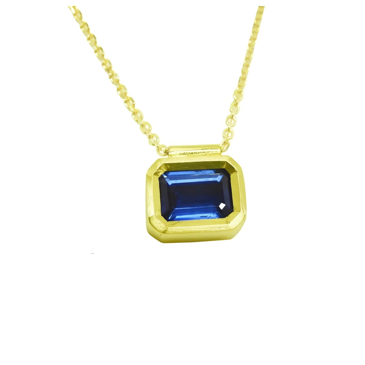 1.01 ct blue sapphire choker necklace, bezel set in 14K gold with a cable chain.
