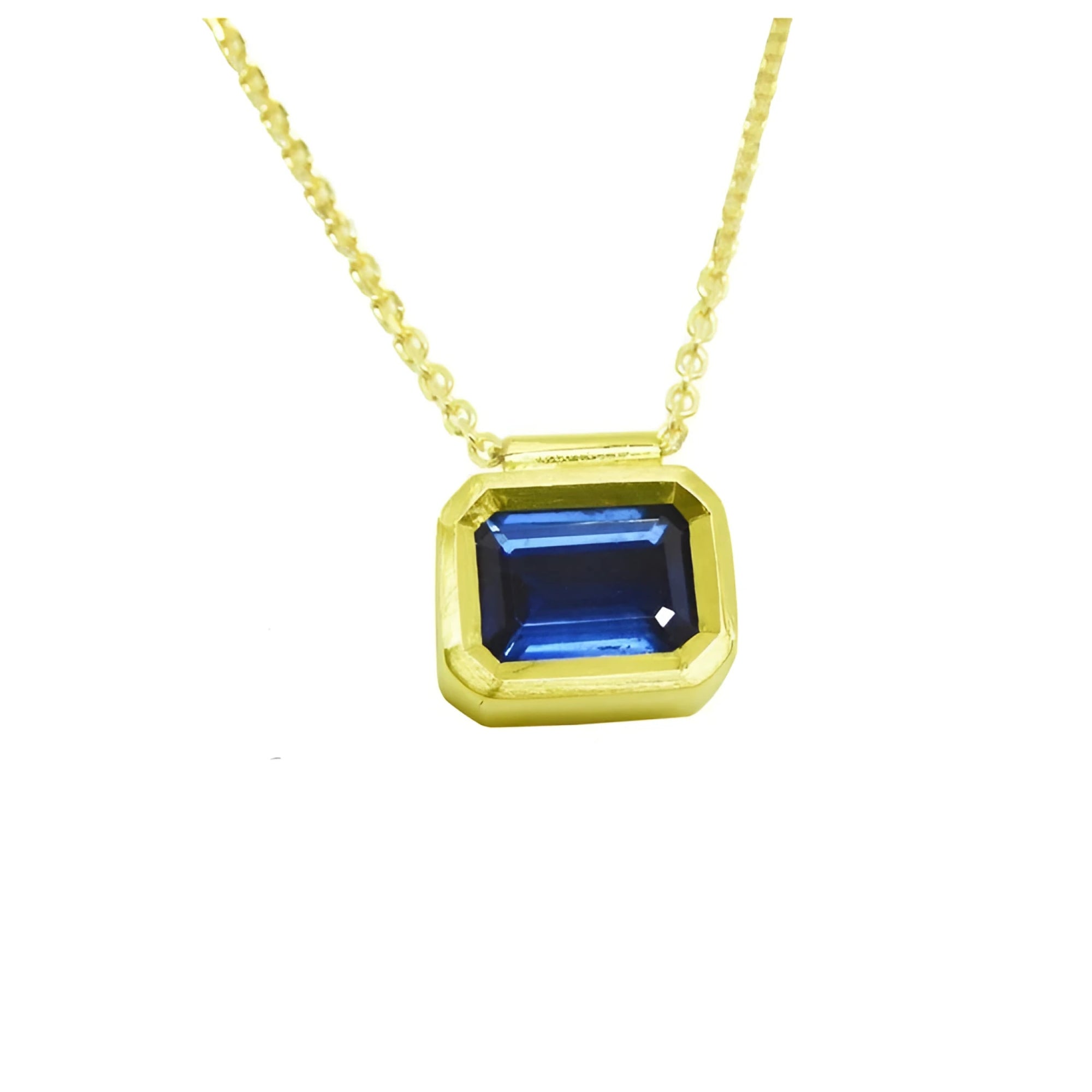1.01 ct blue sapphire choker necklace, bezel set in 14K gold with a cable chain.