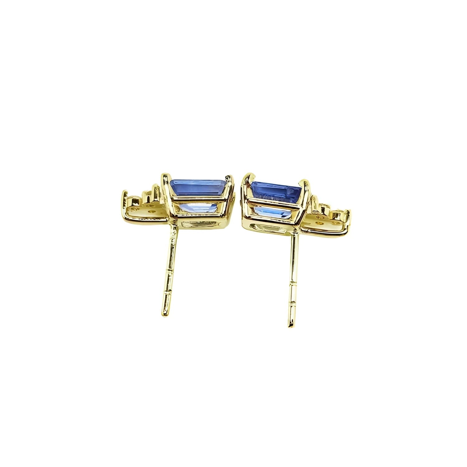 14K yellow gold stud earrings with rectangular blue sapphires and diamond accents.